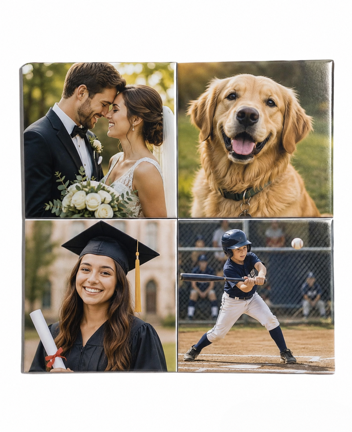 Four personalized ceramic photo tiles featuring wedding, pet, graduation, and baseball photos