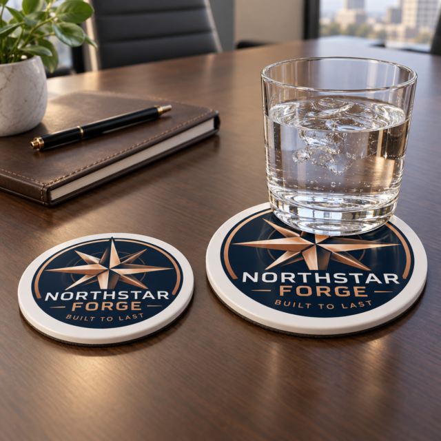 Personalized 3-inch and 4-inch ceramic coasters printed with a fictional corporate logo