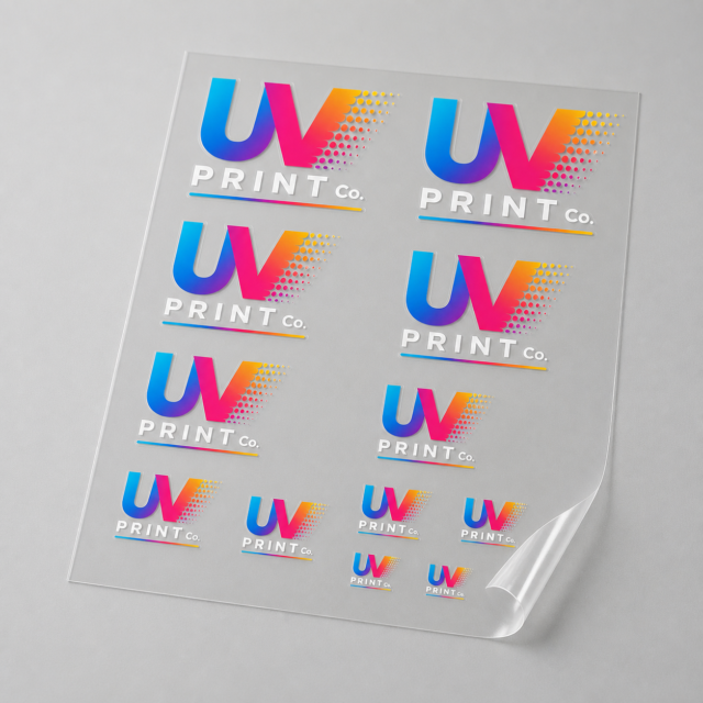 Custom UV DTF transfer sheet featuring UV Print Co. logo stickers